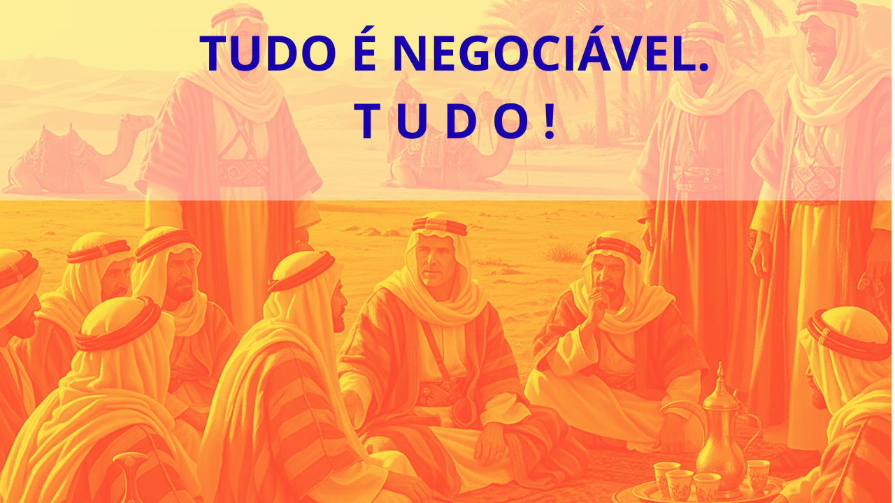 Árabes com vestimenta típica sentados em tapetes, tomando chá, com camelos e palmeiras ao fundo negociando.
