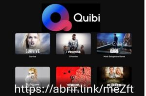 Logotipo do Quibi sobre fundo preto. Seis thumbnails de filmes.