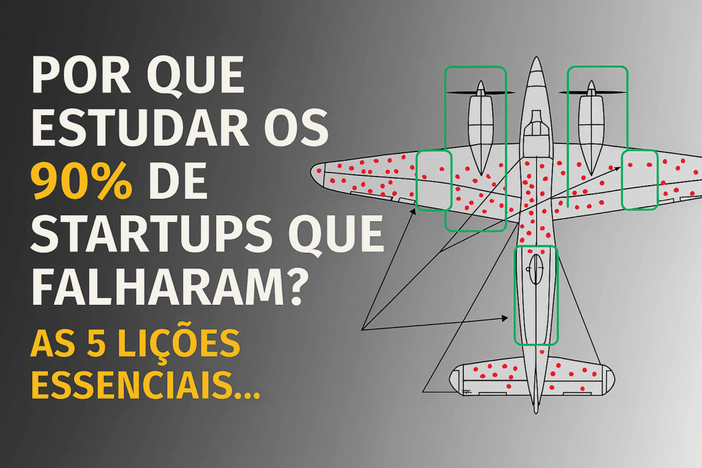 Viés de sobrevivência de Abraham Wald, com o título e esquema do avião cravejado por balas